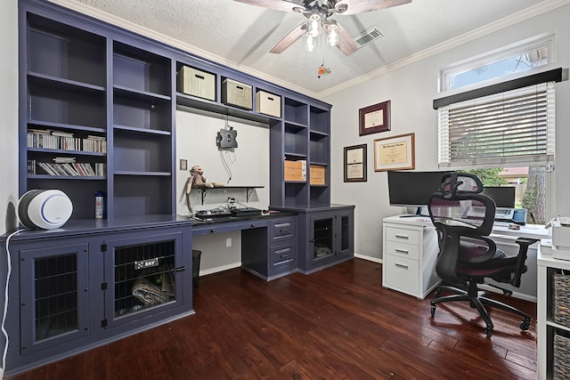 7551 Basswood Forest Ct, Houston, TX 77095 - office area featuring a ceiling fan, crown molding, dark wood-style floors, and baseboards