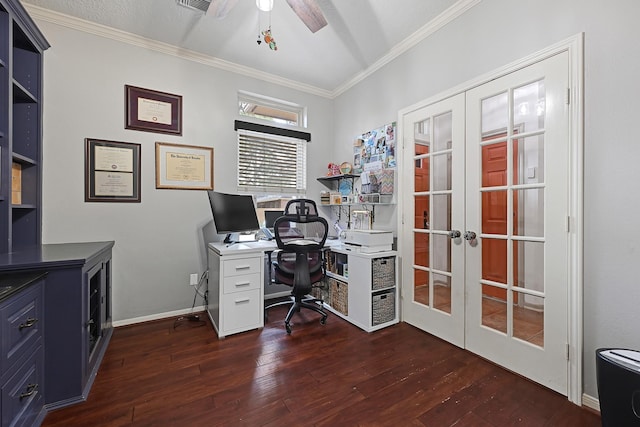 7551 Basswood Forest Ct, Houston, TX 77095 - office with french doors, ornamental molding, dark wood-style flooring, and ceiling fan