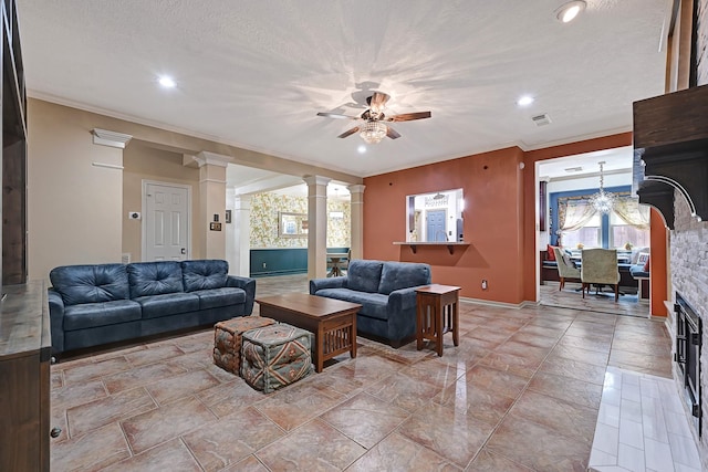 7551 Basswood Forest Ct, Houston, TX 77095 - living area with ornate columns, a ceiling fan, ornamental molding, recessed lighting, and baseboards