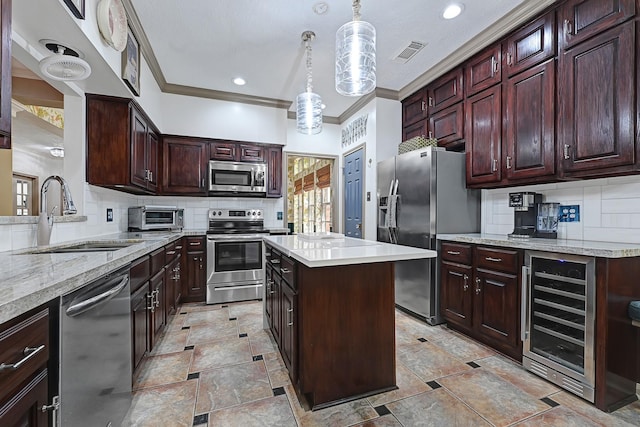 7551 Basswood Forest Ct, Houston, TX 77095 - kitchen featuring beverage cooler, stainless steel appliances, a sink, backsplash, and crown molding