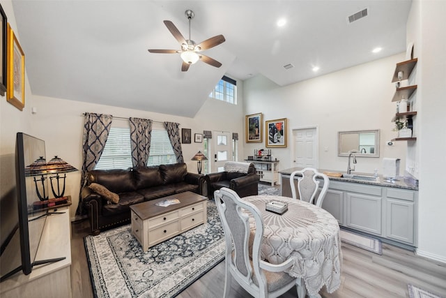 257 N Lynx Trl, Montgomery, TX 77316 - interior space featuring visible vents, light wood-style flooring, ceiling fan, and high vaulted ceiling