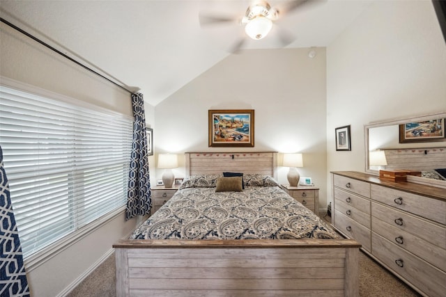 257 N Lynx Trl, Montgomery, TX 77316 - bedroom featuring carpet, vaulted ceiling, baseboards, and a ceiling fan