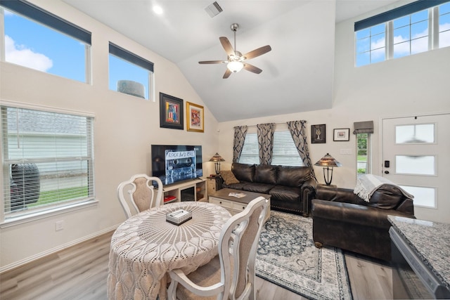 257 N Lynx Trl, Montgomery, TX 77316 - living room with light wood finished floors, a ceiling fan, high vaulted ceiling, visible vents, and baseboards