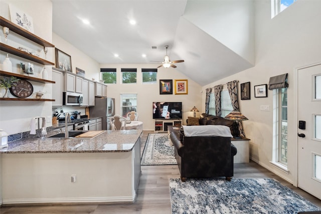 257 N Lynx Trl, Montgomery, TX 77316 - kitchen featuring light stone countertops, ceiling fan, a peninsula, open shelves, and appliances with stainless steel finishes