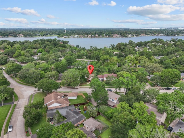 bird's eye view with a water view
