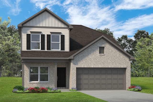 653 Blackberry Ln, La Marque, TX 77568 - craftsman house featuring board and batten siding, brick siding, a shingled roof, concrete driveway, and a front lawn