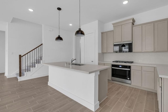 8114 Red Shiner Way, Fulshear, TX 77441 - kitchen with stainless steel appliances, light wood-style floors, light countertops, an island with sink, and recessed lighting
