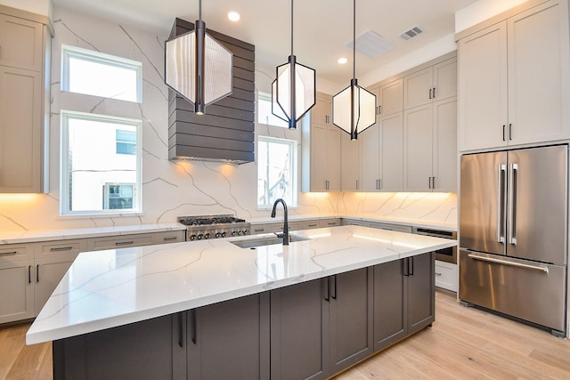 4709 Gibson St, Houston, TX 77007 - kitchen with appliances with stainless steel finishes, backsplash, gray cabinets, light wood finished floors, and recessed lighting