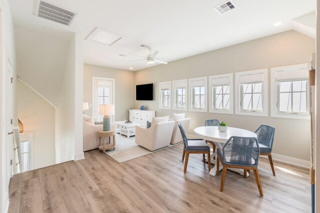 201 Lakeshore St, Port Aransas, TX 78373 - dining space with light wood finished floors, attic access, visible vents, and recessed lighting