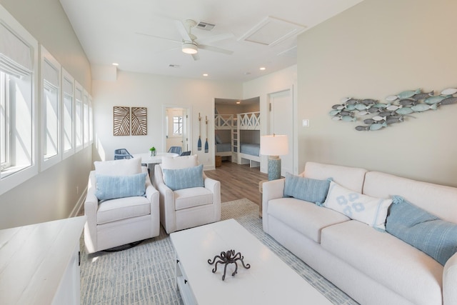 201 Lakeshore St, Port Aransas, TX 78373 - living room with recessed lighting, attic access, ceiling fan, visible vents, and light wood-style floors
