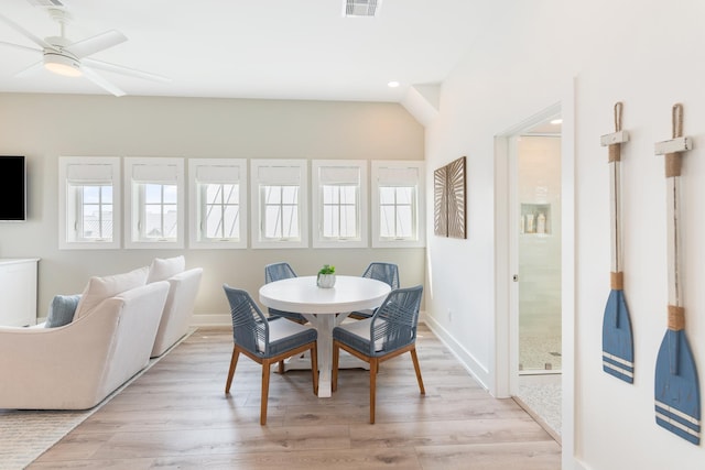 201 Lakeshore St, Port Aransas, TX 78373 - dining space featuring light wood-style flooring, recessed lighting, baseboards, ceiling fan, and visible vents