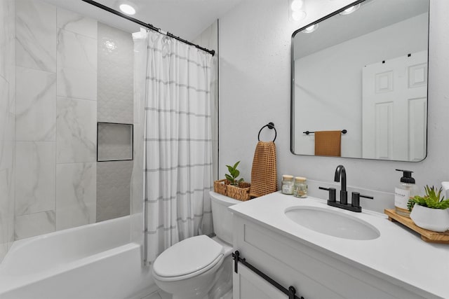 full bathroom with vanity, toilet, and shower / bath combination with curtain