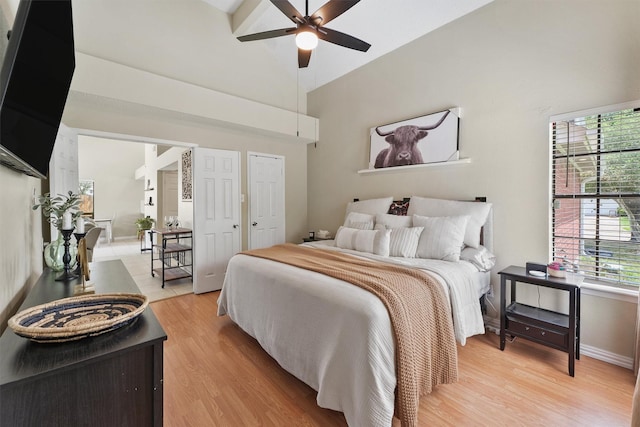 18730 Haughland Dr, Cypress, TX 77433 - bedroom featuring light wood-style floors, baseboards, ceiling fan, and high vaulted ceiling