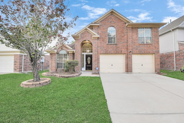 traditional-style house featuring driveway, brick siding, and a front yard