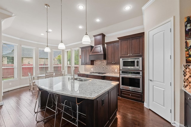 3743 Pinebrook Hollow Ln, Spring, TX 77386 - kitchen with a sink, premium range hood, crown molding, tasteful backsplash, and appliances with stainless steel finishes