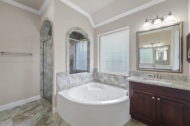 3743 Pinebrook Hollow Ln, Spring, TX 77386 - full bathroom with a shower stall, ornamental molding, vanity, and a whirlpool tub