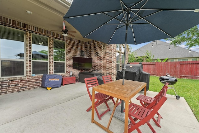 3743 Pinebrook Hollow Ln, Spring, TX 77386 - view of patio / terrace with a ceiling fan, outdoor dining area, a grill, and fence