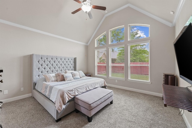 3743 Pinebrook Hollow Ln, Spring, TX 77386 - carpeted bedroom with baseboards, ceiling fan, and high vaulted ceiling
