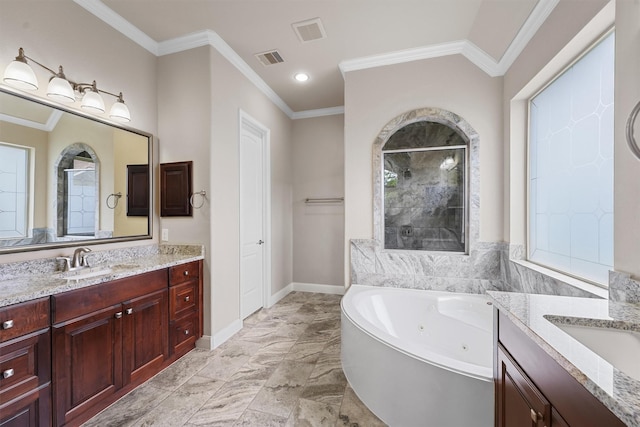 3743 Pinebrook Hollow Ln, Spring, TX 77386 - bathroom featuring ornamental molding, visible vents, a sink, a shower stall, and two vanities