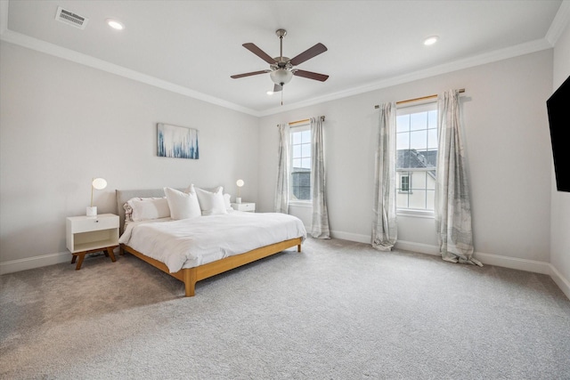 3606 Lannister Ln, Houston, TX 77055 - bedroom featuring carpet floors, ornamental molding, ceiling fan, and recessed lighting