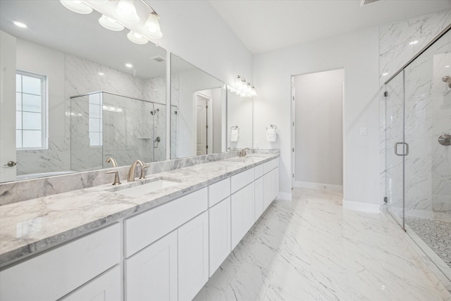 3606 Lannister Ln, Houston, TX 77055 - full bathroom with a marble finish shower, double vanity, and marble finish floors