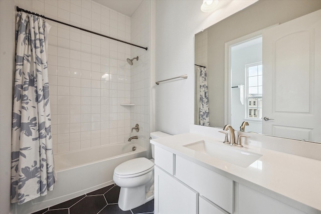 3606 Lannister Ln, Houston, TX 77055 - bathroom with vanity, shower / tub combo with curtain, and tile patterned floors