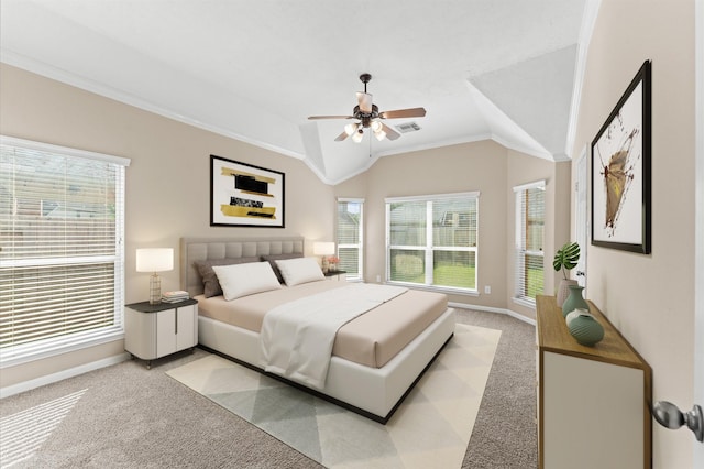 bedroom featuring light colored carpet, ornamental molding, lofted ceiling, and baseboards