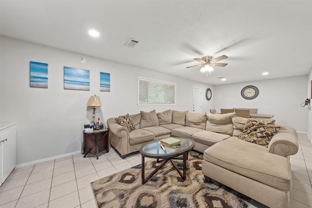 2310 Pecos St, La Marque, TX 77568 - living room featuring visible vents, baseboards, ceiling fan, light tile patterned flooring, and recessed lighting