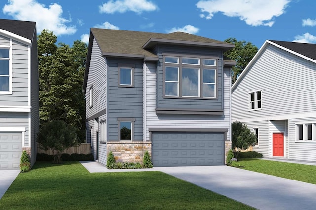 view of front of property with stone siding, driveway, a front lawn, and an attached garage