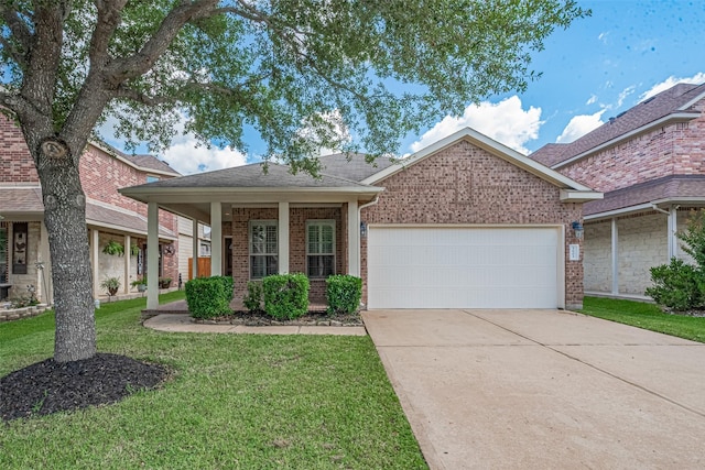 3603 Canvasback Ln, Houston, TX 77047 - view of front facade with brick siding, a garage, a front lawn, concrete driveway, and roof with shingles