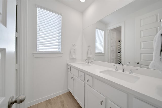 full bathroom featuring a sink, double vanity, baseboards, and wood finished floors