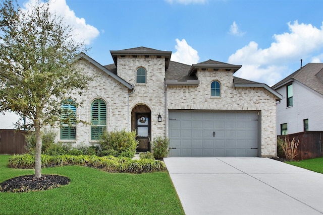 french country home featuring a garage, fence, a front lawn, brick siding, and driveway
