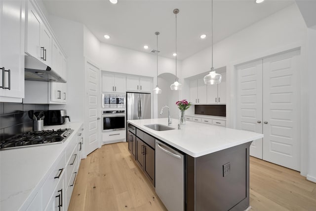 kitchen with backsplash, under cabinet range hood, appliances with stainless steel finishes, and a sink