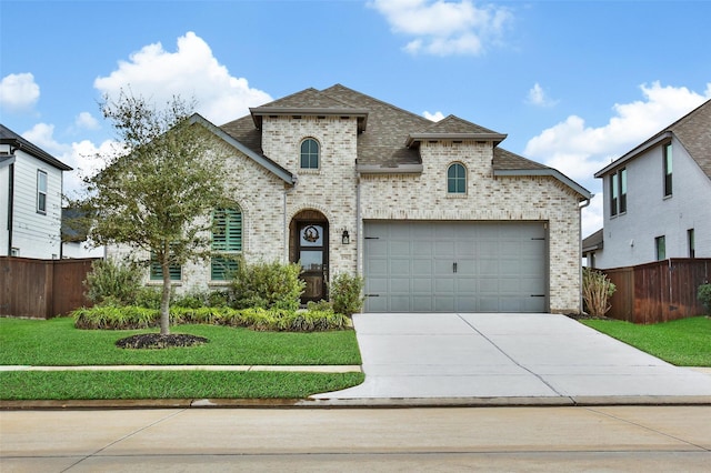 french country style house with fence, brick siding, driveway, a front yard, and a shingled roof