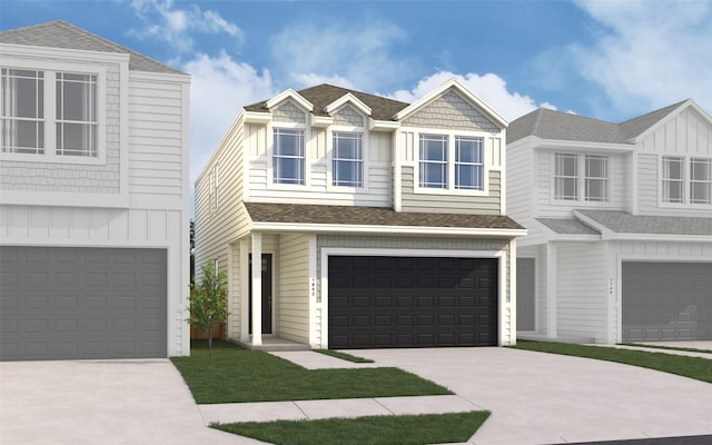 view of front of property with concrete driveway, board and batten siding, and a garage
