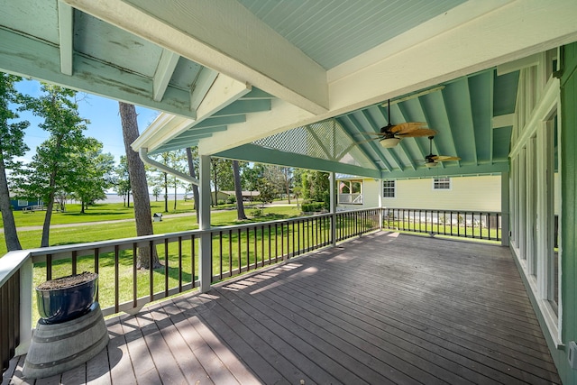 315 Lakeview Hbr, Onalaska, TX 77360 - deck featuring a ceiling fan and a yard