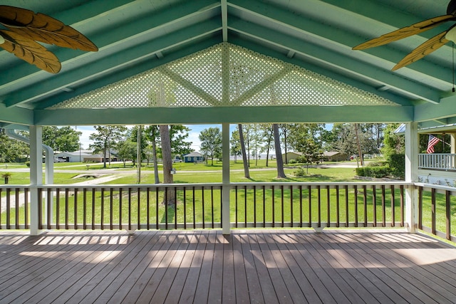 315 Lakeview Hbr, Onalaska, TX 77360 - wooden deck with a residential view, ceiling fan, and a lawn
