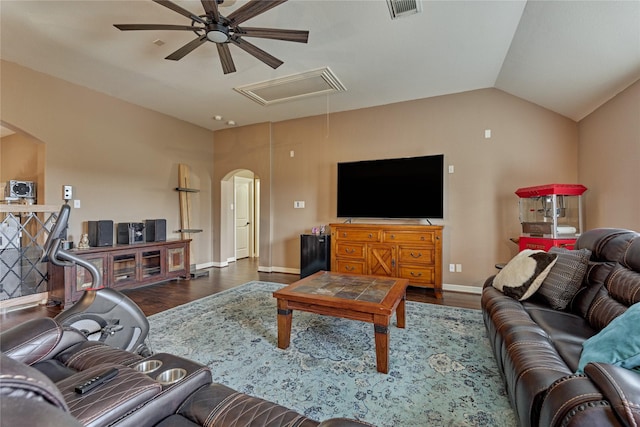 19089 Grandview Pt, Montgomery, TX 77356 - living room featuring attic access, a ceiling fan, wood finished floors, arched walkways, and vaulted ceiling