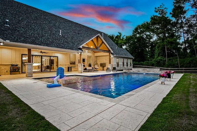 8577 Majestic Lake Ct, Montgomery, TX 77316 - swimming pool with a patio area, ceiling fan, an outdoor hangout area, an outdoor kitchen, and fence