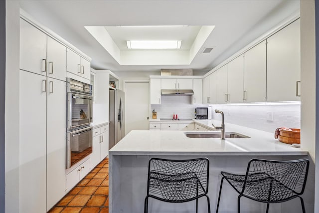 167 Litchfield Ln, Houston, TX 77024 - kitchen with under cabinet range hood, a sink, a peninsula, tasteful backsplash, and appliances with stainless steel finishes