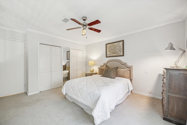 167 Litchfield Ln, Houston, TX 77024 - carpeted bedroom with baseboards, ceiling fan, ornamental molding, and visible vents