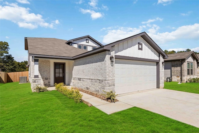 view of front of home featuring fence, an attached garage, driveway, cooling unit, and board and batten siding