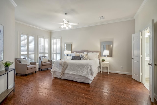 bedroom with ornamental molding, dark wood-style floors, baseboards, and ceiling fan
