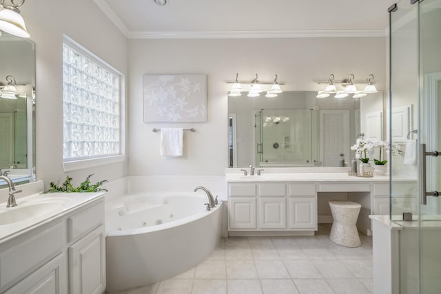 bathroom with healthy amount of natural light, a stall shower, tile patterned flooring, a tub with jets, and ornamental molding