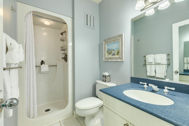 1401 E Beach Dr Unit 811, Galveston, TX 77550 - bathroom with toilet, a stall shower, visible vents, tile patterned flooring, and vanity