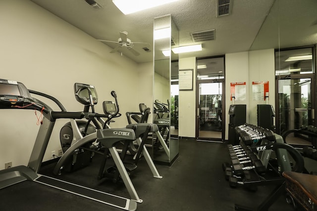 1401 E Beach Dr Unit 811, Galveston, TX 77550 - gym featuring ceiling fan, a textured ceiling, and visible vents