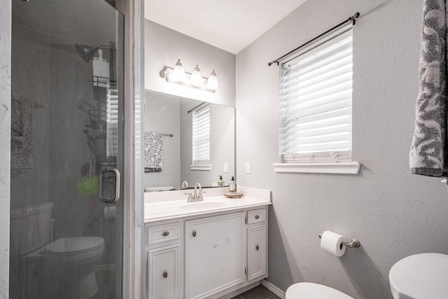 bathroom featuring vanity, toilet, and a shower stall