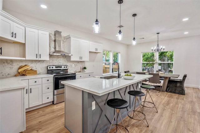 4104 Engelke St, Houston, TX 77003 - kitchen featuring a sink, wall chimney range hood, white cabinetry, stainless steel electric range oven, and backsplash