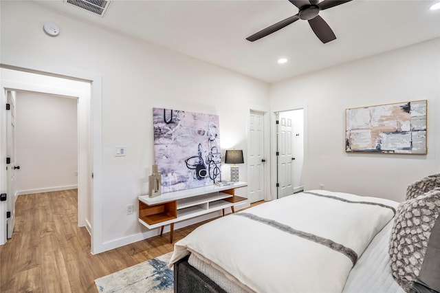 4104 Engelke St, Houston, TX 77003 - bedroom with recessed lighting, baseboards, light wood finished floors, visible vents, and ceiling fan