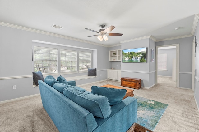 7219 Palisades Heights Dr, Houston, TX 77095 - living area with light colored carpet, a ceiling fan, crown molding, and baseboards
